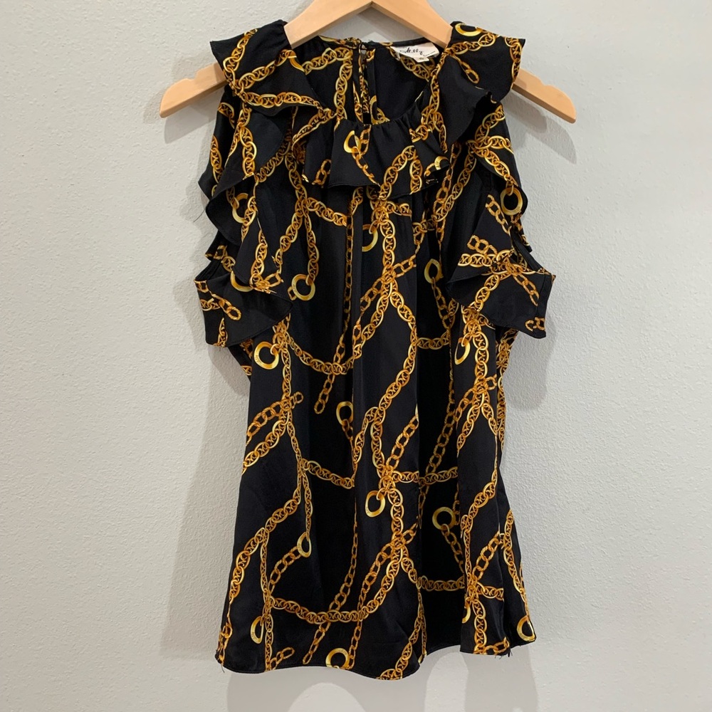 Milly Black & Gold Chain Print Ruffle Sleeveless Blouse